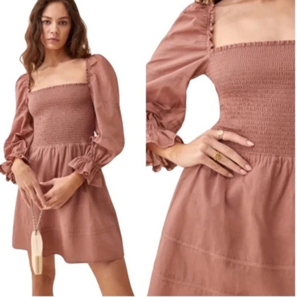 Reformation Dunes Smocked Mini Dress Womens 2 Praline Puff Sleeve Organic Cotton